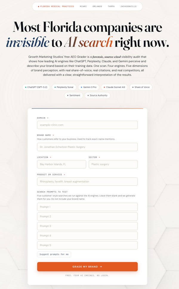 Growth Marketing Studios' free AEO Grader page, headlined "Most Florida companies are invisible to AI search right now", with a form to test a brand in ChatGPT, Perplexity, Gemini and Claude