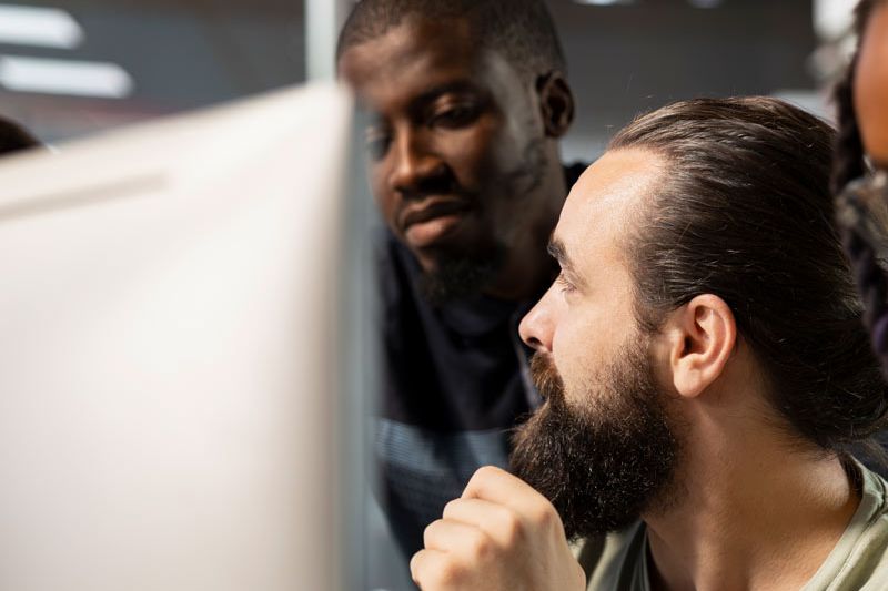Two software developers look at a computer monitor in an office, one resting his chin on his fist